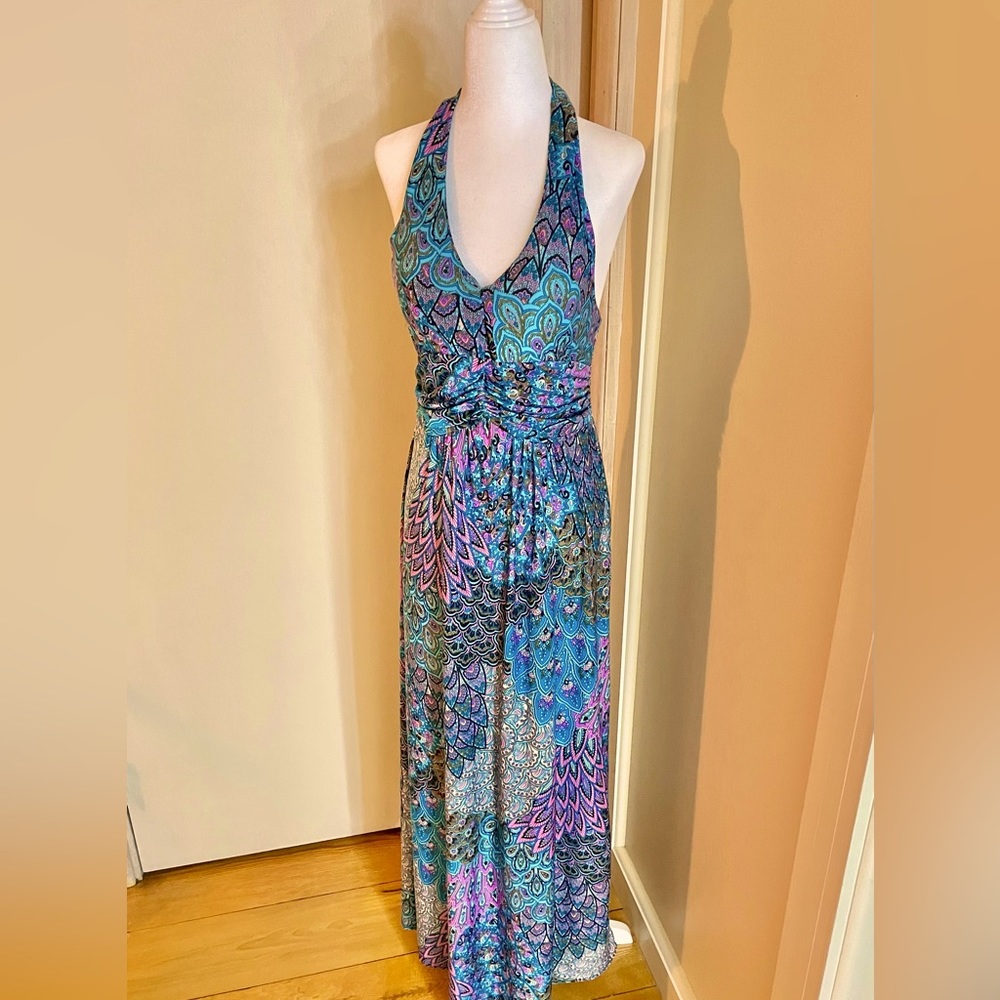 Shoreline halter maxi dress S/M beachy, boho, festival, purples and blues 50”